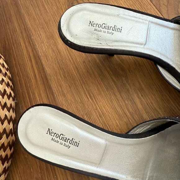Nero Giardini Italy 3” Heel Mules Bling Logo Black Satin $270 39 - Picture 7 of 8